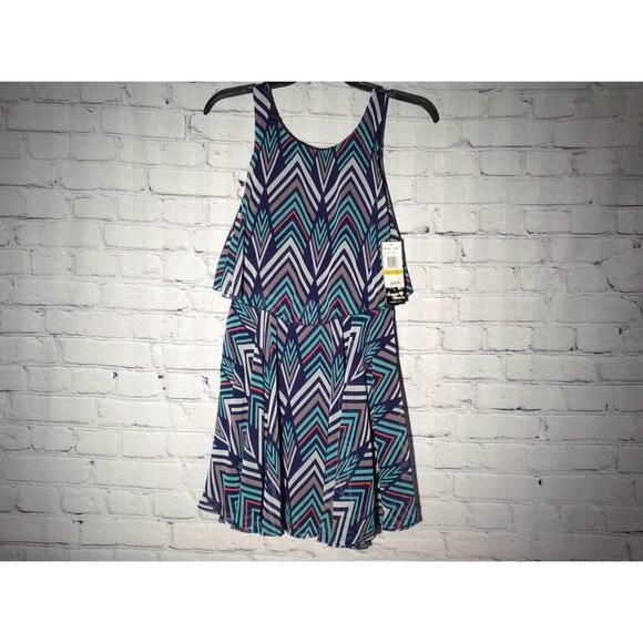 Sequin Hearts Women’s Dress Size 3 Sleeveless Chevron Design BlueTeal BeigeCoral - Picture 2 of 8